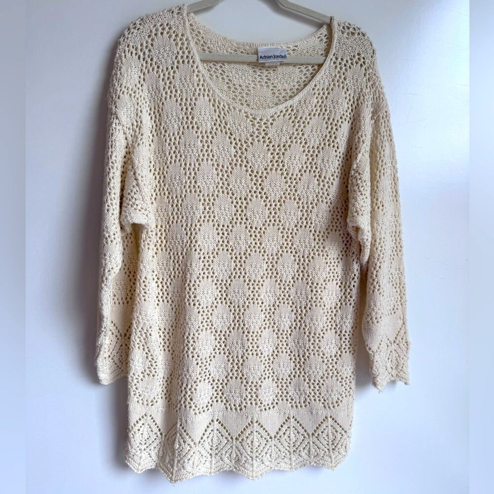 Adrian Jordan Women‎ 1X Cream Vintage Sweater Knit Handmade Open Stitch Sheer